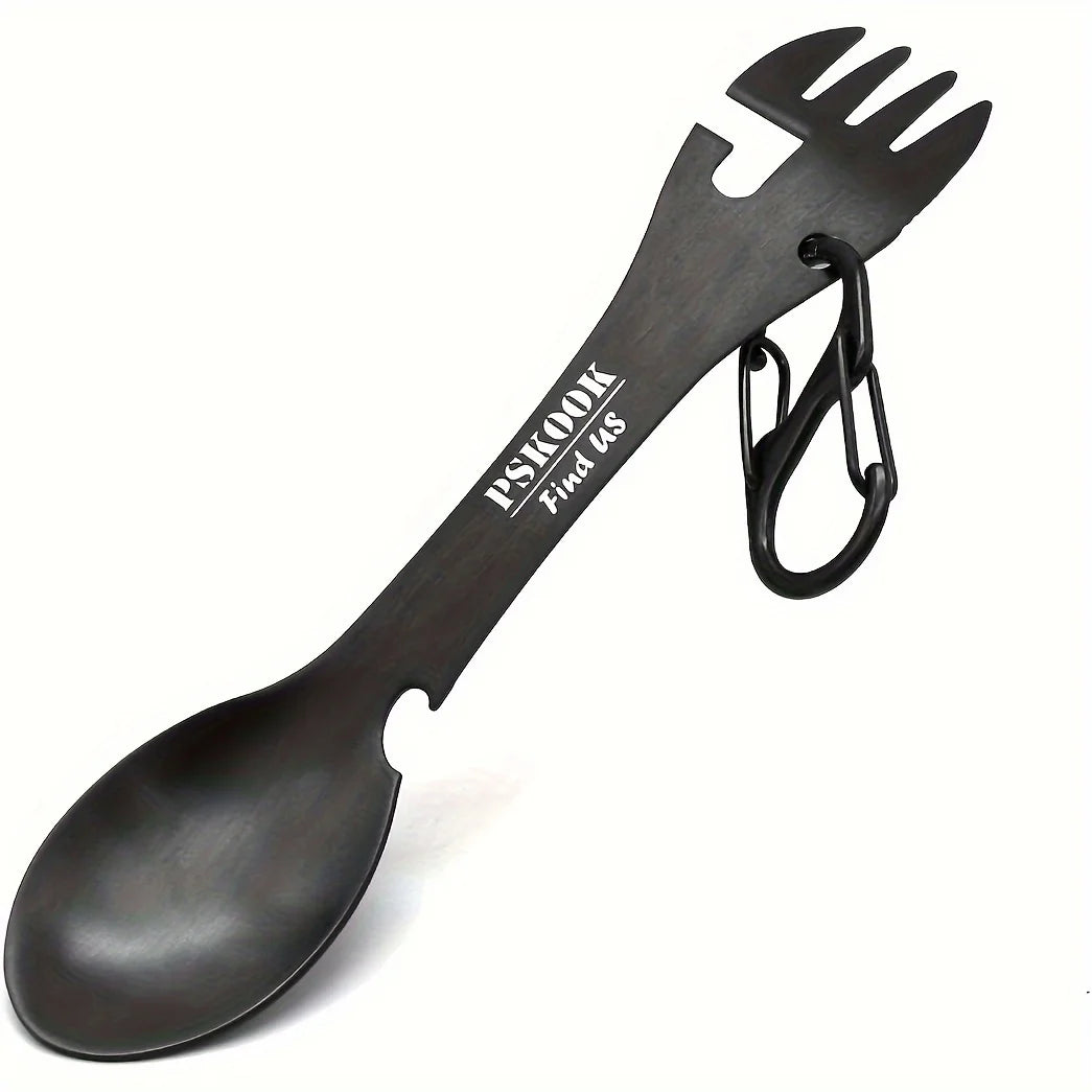 PSKOOK Outdoor Survival Tools 5 in 1 Camping Multi-functional EDC Kit Practical Fork Knife Spoon Bottle/Can Opener - titanium