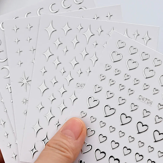 6 Sheets Metal Silver Nail Stickers Metallic 3D Star Nail Art Stickers Decals Self-Adhesive Nail Art Stickers Metal Chain Hea