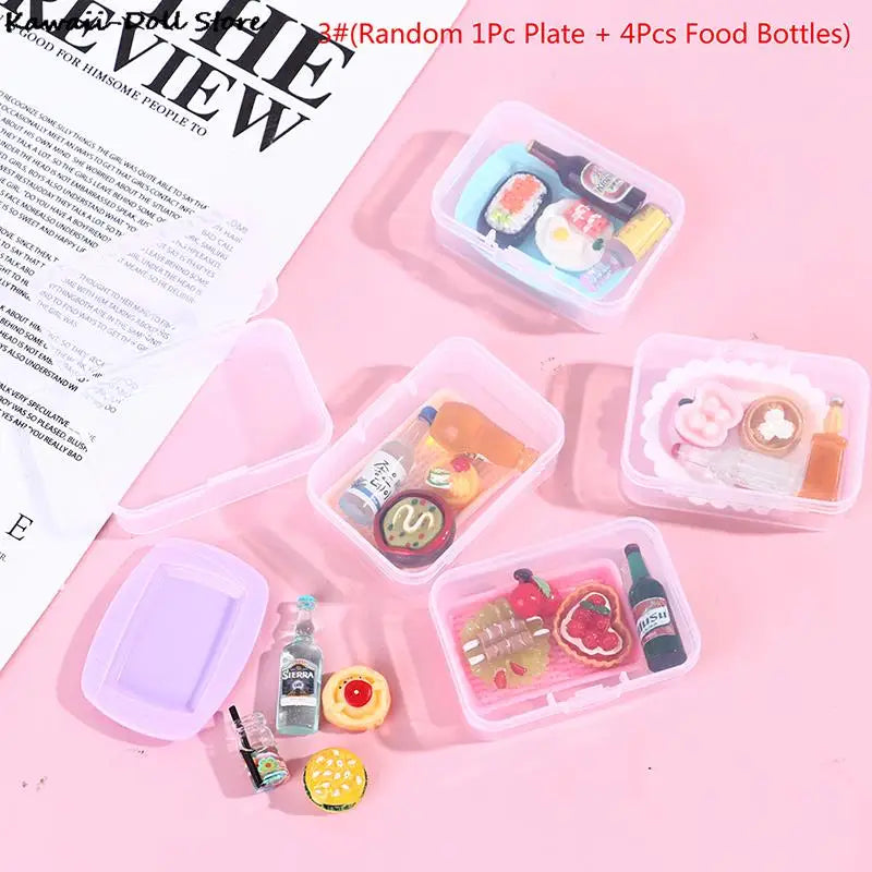 5PCS 1:12 Scale Cute Mini Dollhouse Miniature Drink Bottle Cake Desserts Bento Food Pretend Play Food Toy Kitchen Accessories