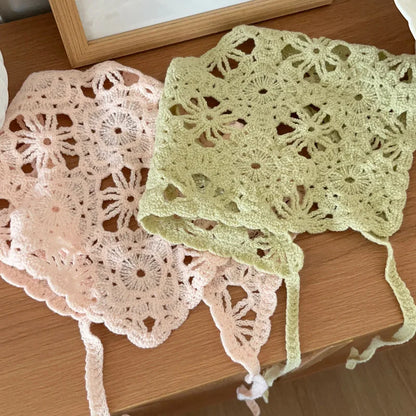 Fashion Knitted Headscarf Women French Pastoral Style Triangle Headband Handmade Crochet Headband Towel Retro Flower Headscar