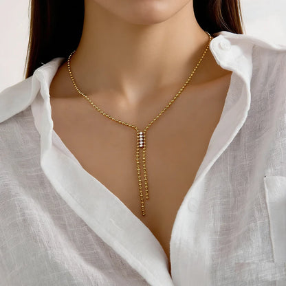 Y Shape Lariat Necklace Mini Bead Ball Chain Sparkling Zircon Tassel Drop Clavicle Chain Stainless Steel Waterproof Minimalis