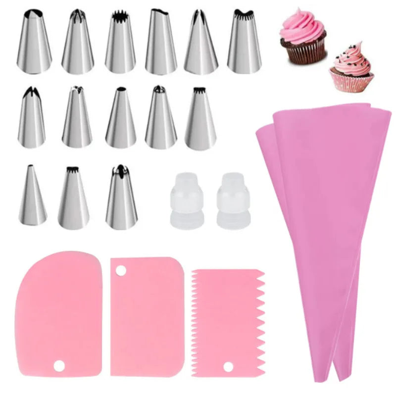 Silicone Piping Bags and Tips Set Cake DIY Decorating Kit with Stainless Steel Nozzle Reusable Silicone Pastry Baking tool - 