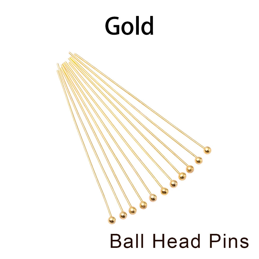 100-200Pcs/Lot 10-70mm Heads Eye Flat Head Pin Gold Plated Ball Head Pins for Jewelry Findings Making Accessories Supplies
