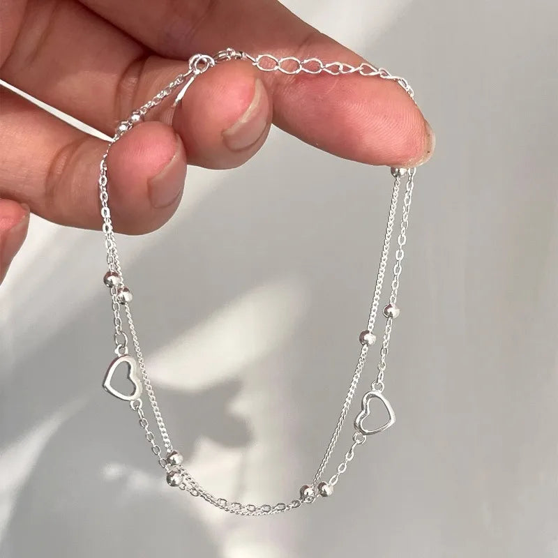 925 Sterling Silver Hollow Heart Bracelets For Women Girls Vintage Korean Design Double Layer Beads Bracelet Party Jewelry Gi