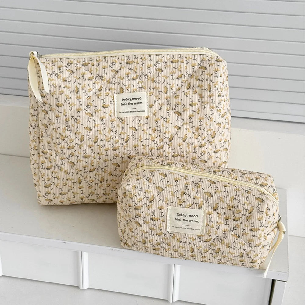 Vintage Women Floral Print Cosmetic Pouch Handbag Travel Orgainzer Make Up Storage Bag Large Capacity Quilted Bag For Gift