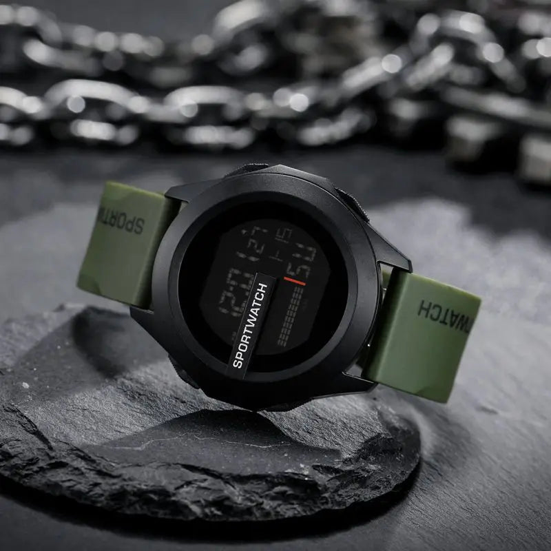Multi Functional Electronic Watch Men's Large Dial Luminous Electronic Watch - army green