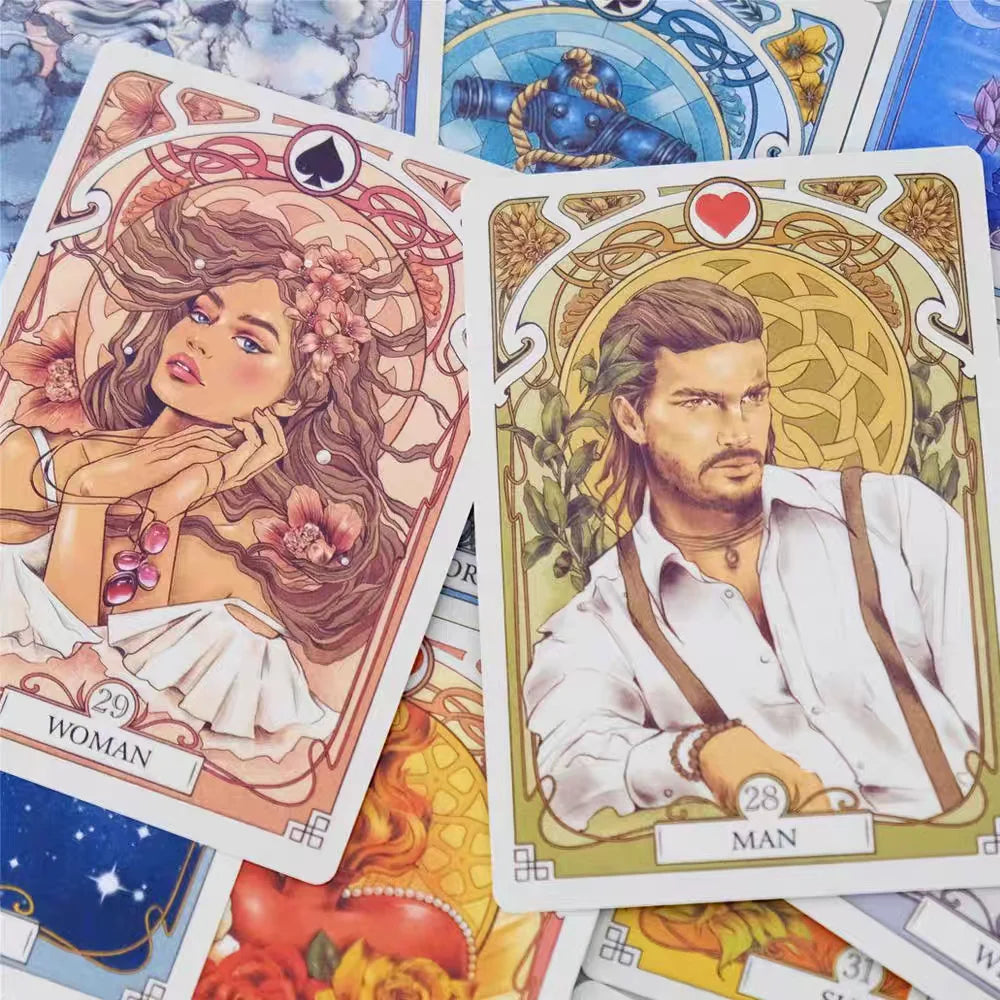 Romantic Lenormand Oracle Cards 10.2*7.2cm English Vision Art Nouveau Floral Motifs 37 Pcs Deck 4*2.8inch For Party, Board Ga