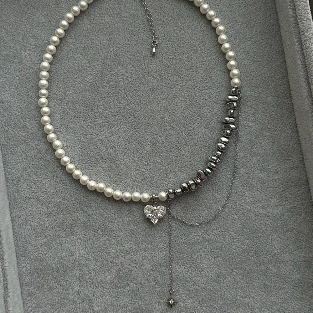 New Irregular Choker Vintage Tassels Zircon Heart Pendant Necklace For Women Female White Imitation Pearl Chain Valentine's G