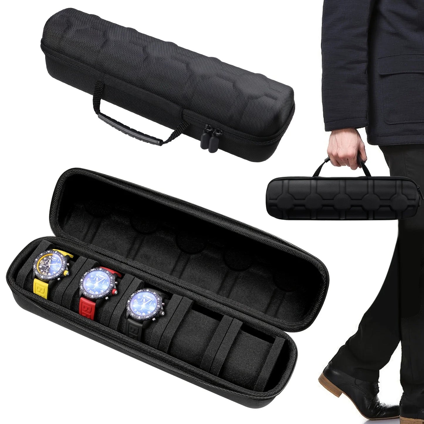 1PC 5-Slot Watch Case | Hard Shell Travel Organizer With Pillow Insert - Gift Ready (Black),Suitable For Smart Watch Storage