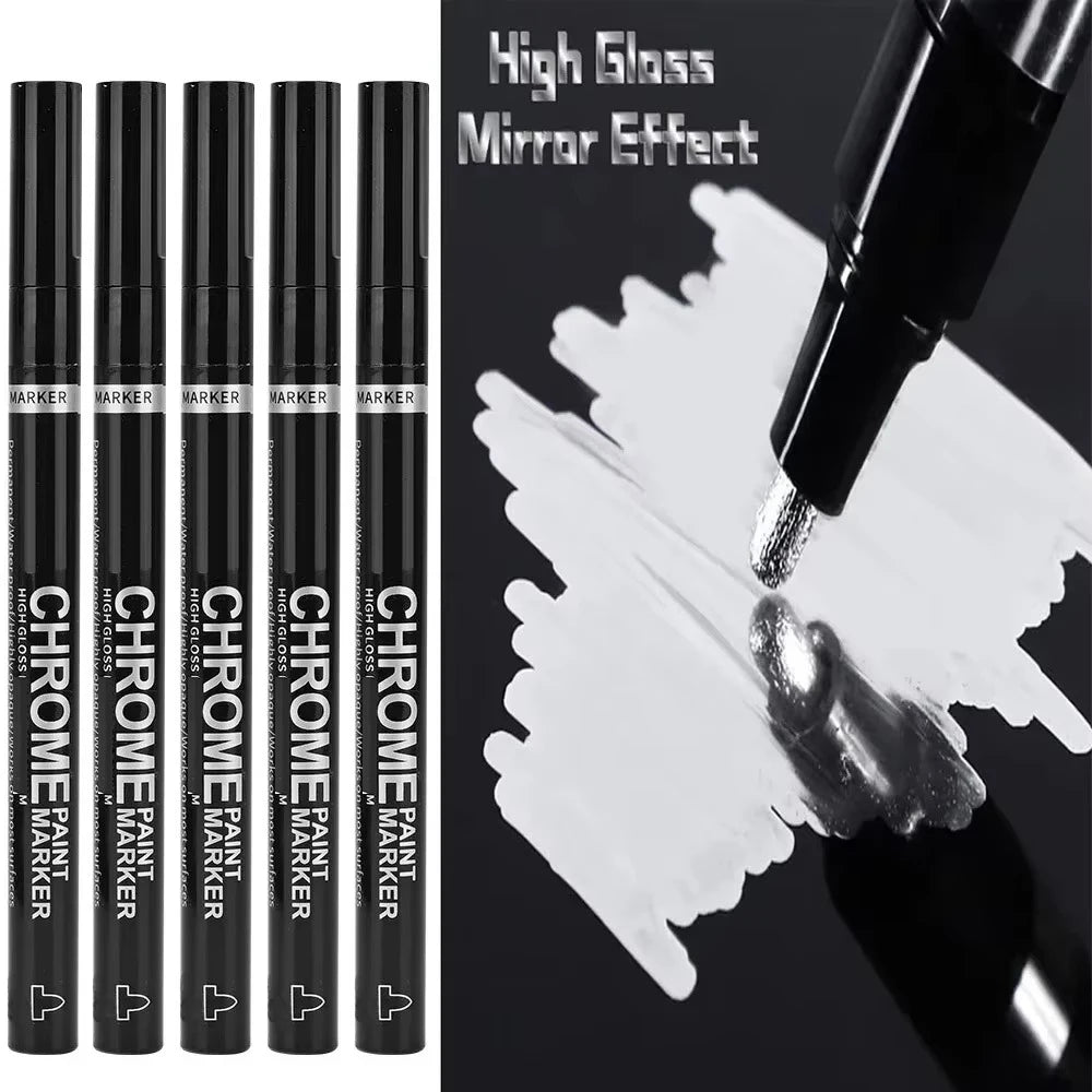 5/1pcs Chrome Pen Marker Mirror Waterproof Paint Repair For Rock Ceramic Glass Metallic Gold/Silver 2mm Nib - 5pcs Silver