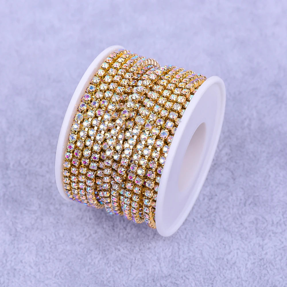 Crystal 10 Yard Rhinestones Trim Stone Cup Chain Gold Diamond Strass Decorative Applique Crystal Trimmings For Dresses - AB w