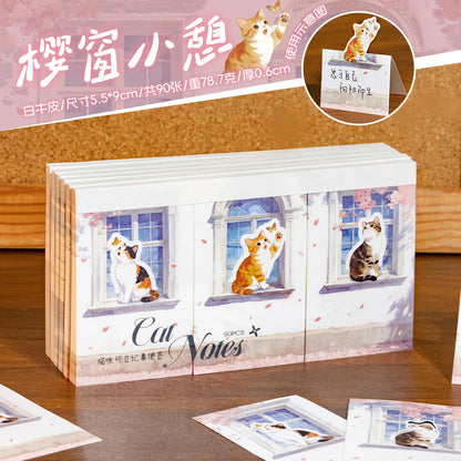 90pcs White Kraft Cat Sticky Notes - Cute Watercolor Kitten Design for Journal & Reminders