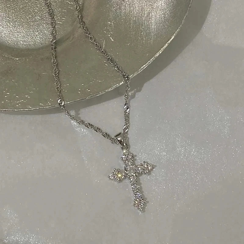 Shiny Crystal Zircon Cross Pendant Necklace for Women Girls Punk Silver Color Thin Chain Necklace Party Jewelry Birthday Gift