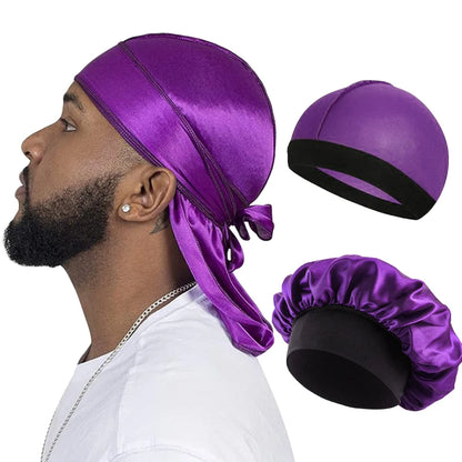3PCS/LOT Men Silky Durag Long Tail Pirate Hat Headband Turban Dome Wave Cap Unisex Wig Cap Elastic Band Satin Bonnet - PURPLE