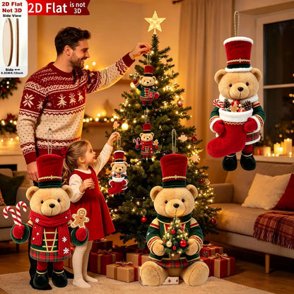 20/10 Pieces of Randomly Assorted 2D Flat Bear-Shaped Handmade Wooden Christmas Ornaments with Various Christmas Motifs, Suit