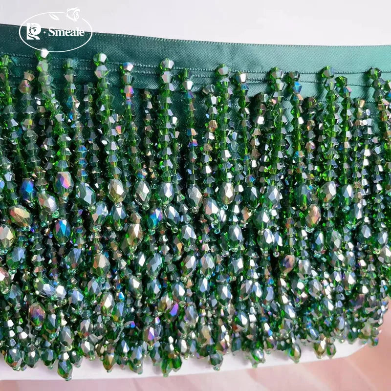 Lace Trim Beaded 2 Yards, Crystal Tassels, 5.5 Cm Wide, Vintage Lace Accent for Sewing, Scrapbooking - Ink green-B / 9Yards
