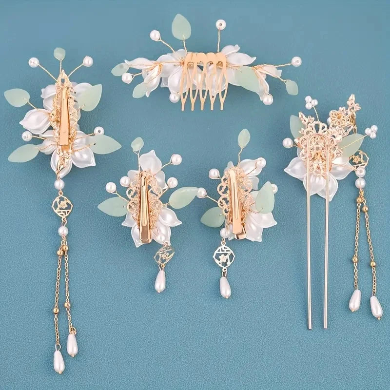 5-piece set featuring vintage floral and tassel designs, handmade Hanfu hair accessories, elegant classical style artificial 