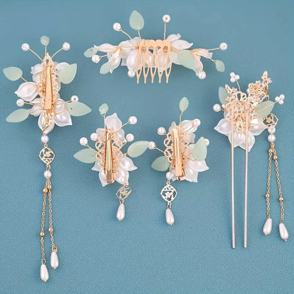 5-piece set featuring vintage floral and tassel designs, handmade Hanfu hair accessories, elegant classical style artificial 
