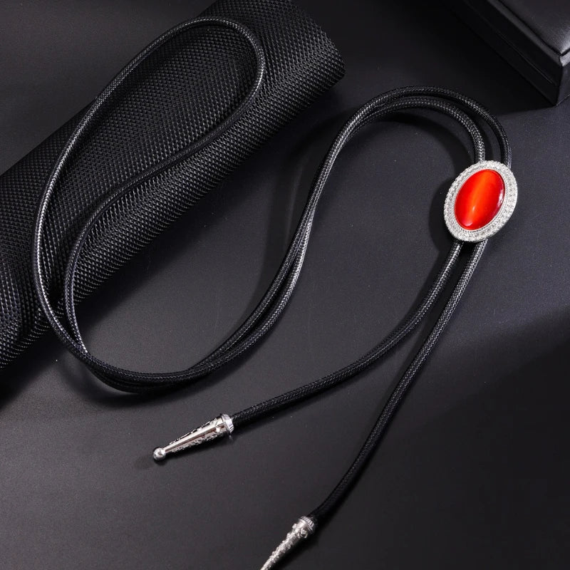 Bolo Tie for Women Men Vintage Crystal Oval Shirt Bowtie Western Cowboy Necktie Luxulry Fashion Jewelry Accessories - Red