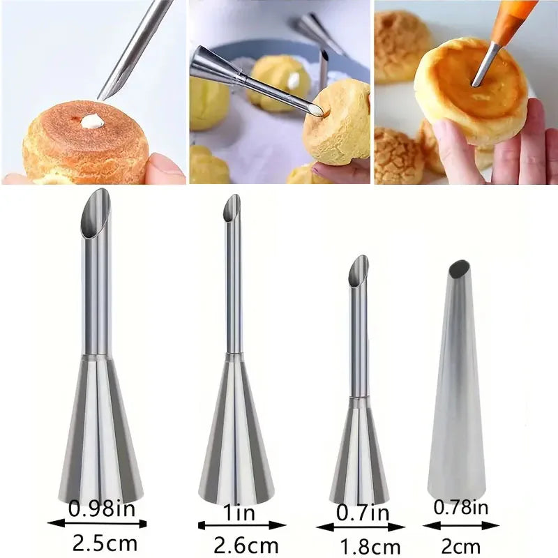 4Pcs Puff Pastry Piping Nozzle Set, Stainless Steel Decorating Tips for Cake Cupcake Cookie Cream Icing, Baking Tools for Bak