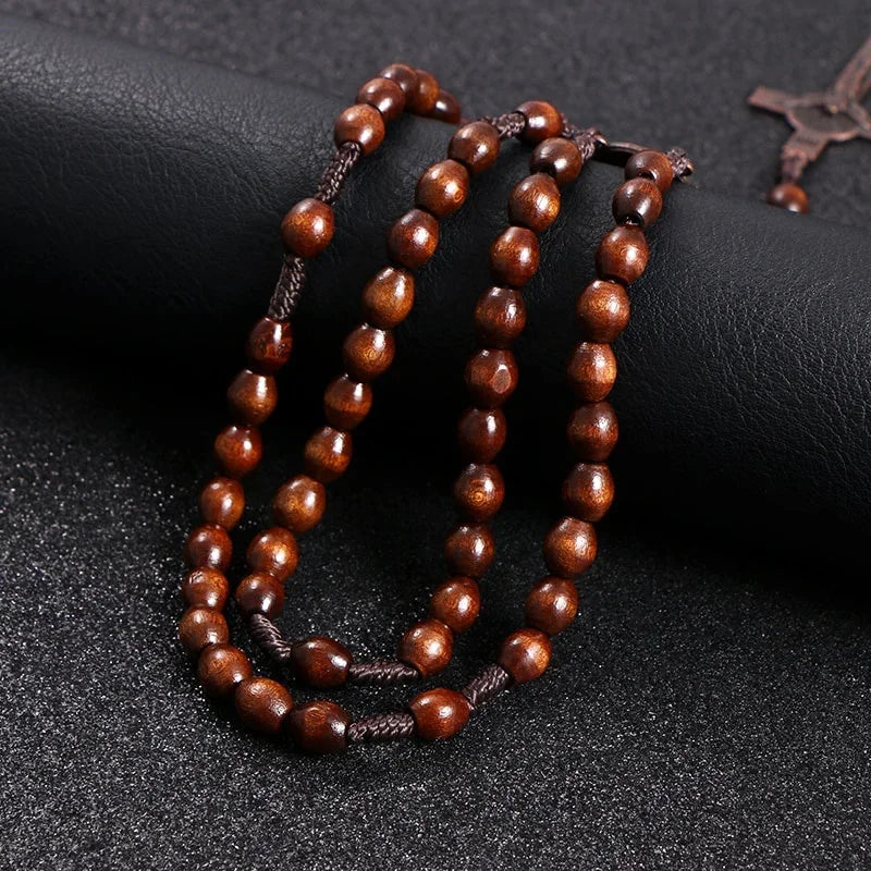Christ Jesus Wooden Beads 8mm Rosary Bead Cross Car Pendant Woven Rope Chain Necklace Religious Orthodox Praying Jewelry