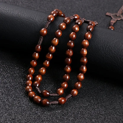 Christ Jesus Wooden Beads 8mm Rosary Bead Cross Car Pendant Woven Rope Chain Necklace Religious Orthodox Praying Jewelry