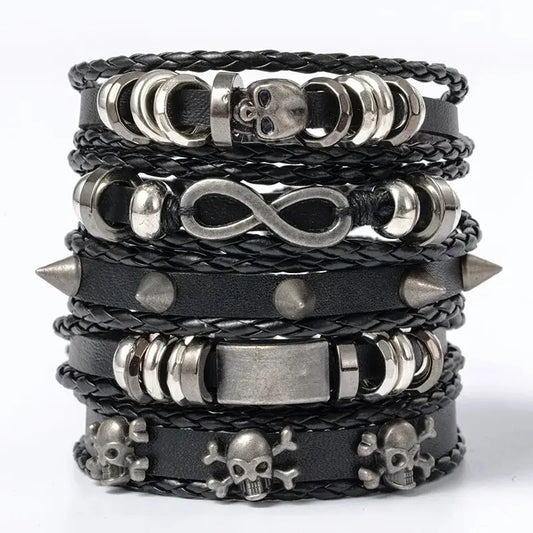 5pcs Metal Diy Braided Punk Style Bracelet Set, Featuring Pu Leather And Beads