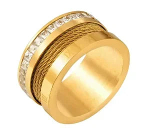 Crystal High End Non Tarnish Fashion Geometric Open Gold Plated Stainless Steel Rings for Women Wedding Ring Jewelry - A17 / 