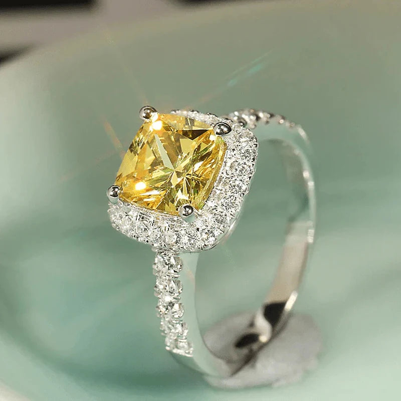 CAOSHI Graceful Wedding Ring Lady Bright Yellow Crystal Accessories for Women Fashion Aesthetic Jewelry for Engagement Party