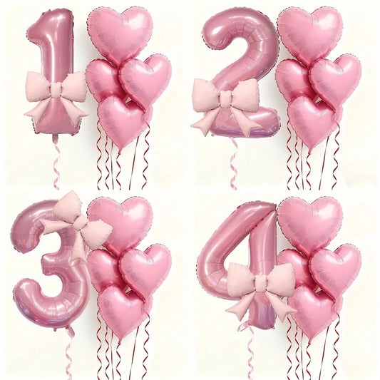 6pcs Pink Bow Heart Balloon with 32Inch Pink Number Foil Balloon for Birthday Party Wedding Engagements Anniversaries Decorat