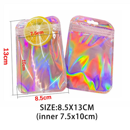 50pcs Iridescent Self Sealing Bags Pink Laser Plastic Pouches Resealable Zip Lock Packaging for Jewelry Display Retail Bags -