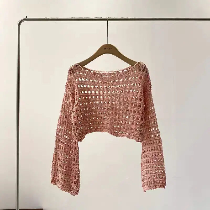 Long Sleeve Crochet Knit Top Summer Beach Bikini Cover Up Crop Pullover Wool Knitwear Blouse Women Vacation Boho Outfit - Pin