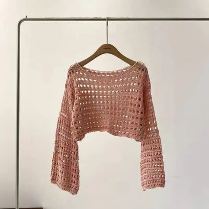 Long Sleeve Crochet Knit Top Summer Beach Bikini Cover Up Crop Pullover Wool Knitwear Blouse Women Vacation Boho Outfit - Pin