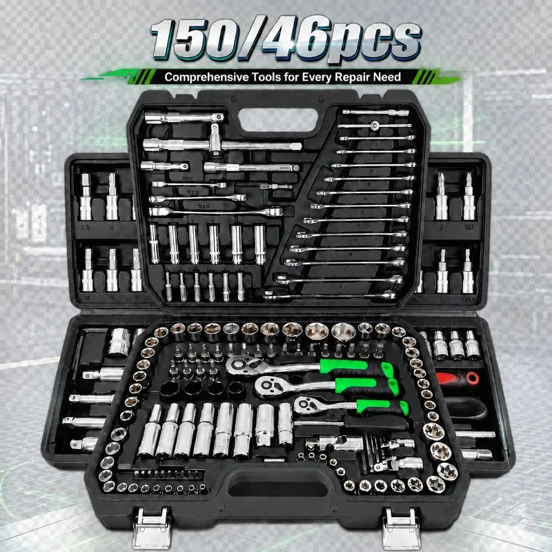 150/46Pcs Premium Heavy Duty CR-V Socket Wrench Ratchet Set, Multifunctional Auto Mechanical Repair Tool Kit with Storage Cas