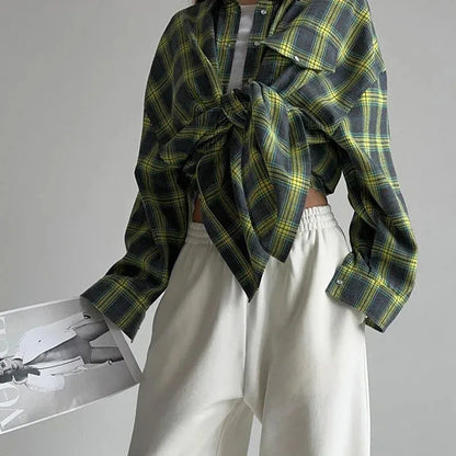 New Vintage Women Oversized Long Sleeve Plaid Shirt Blouse Tops Autumn Winter Button Down Loose Lapel Pocket Shirt Korean Sty