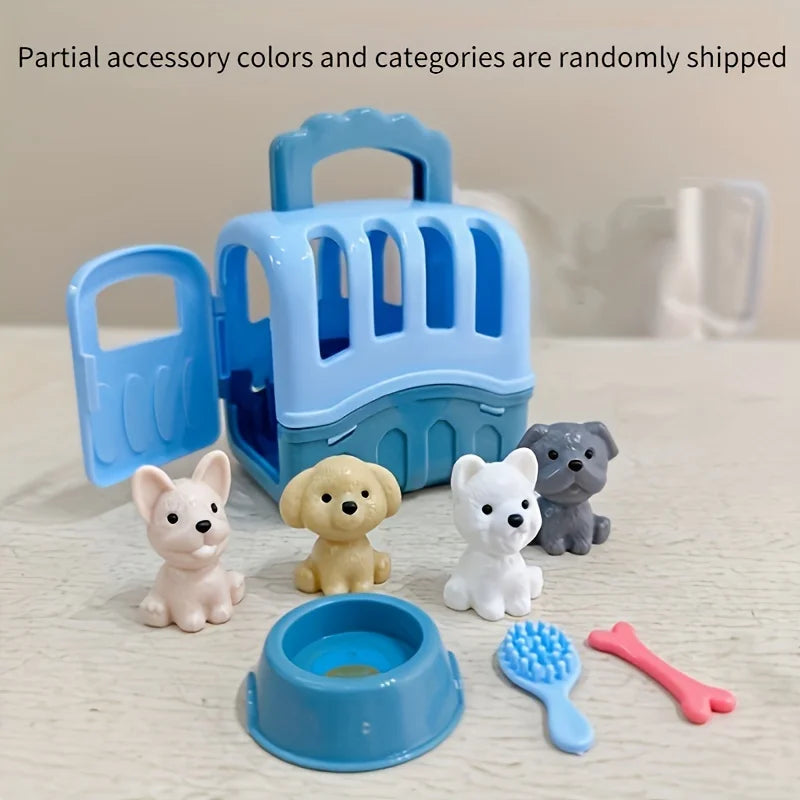 8pcs/set Cute Dog Pet Basket Family Toys Dog Doll Set Dog Cage Toys Scene Playing Toys Christmas Decoration Gifts - Blue