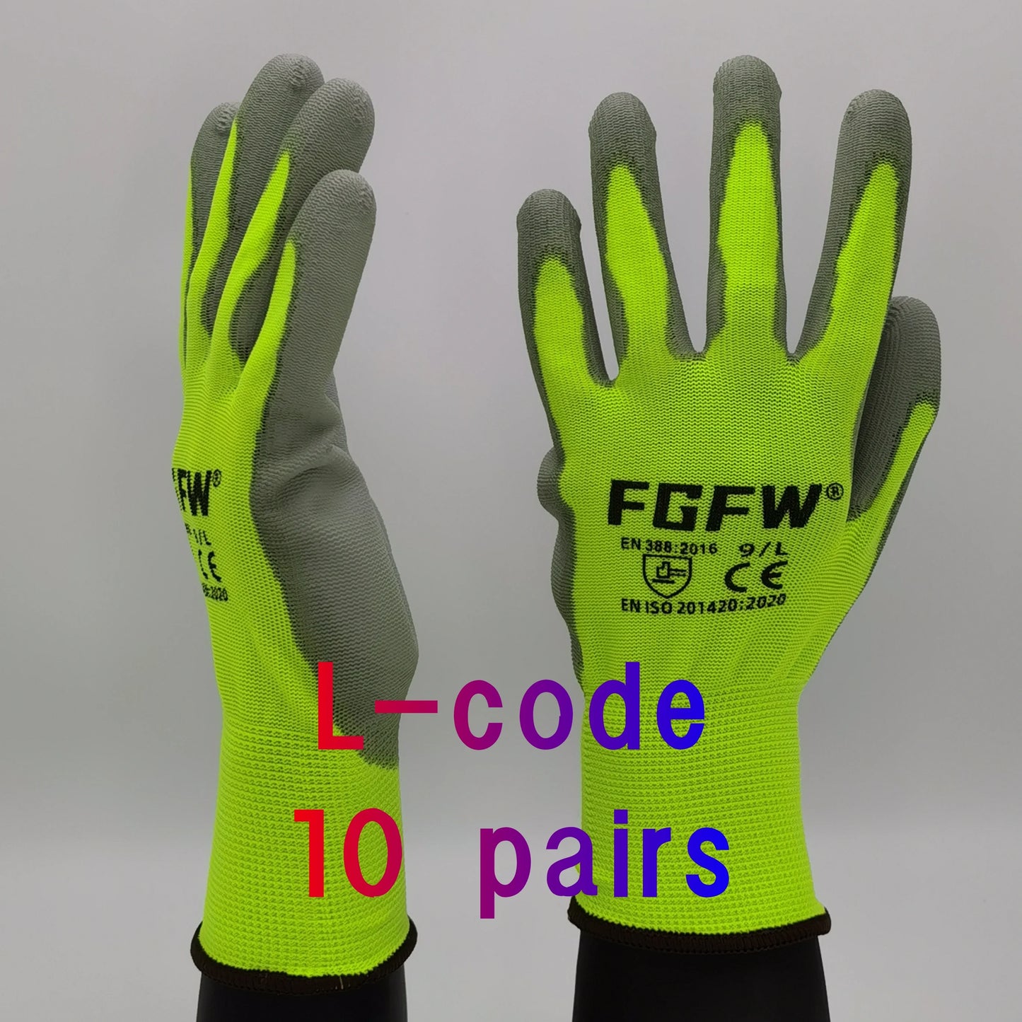 10 Pairs PU Coated Work Gloves - Lightweight, Durable Safety Gloves EN 388/ISO20471 Certified, Sizes S/M/L/XL - L-code 10pair