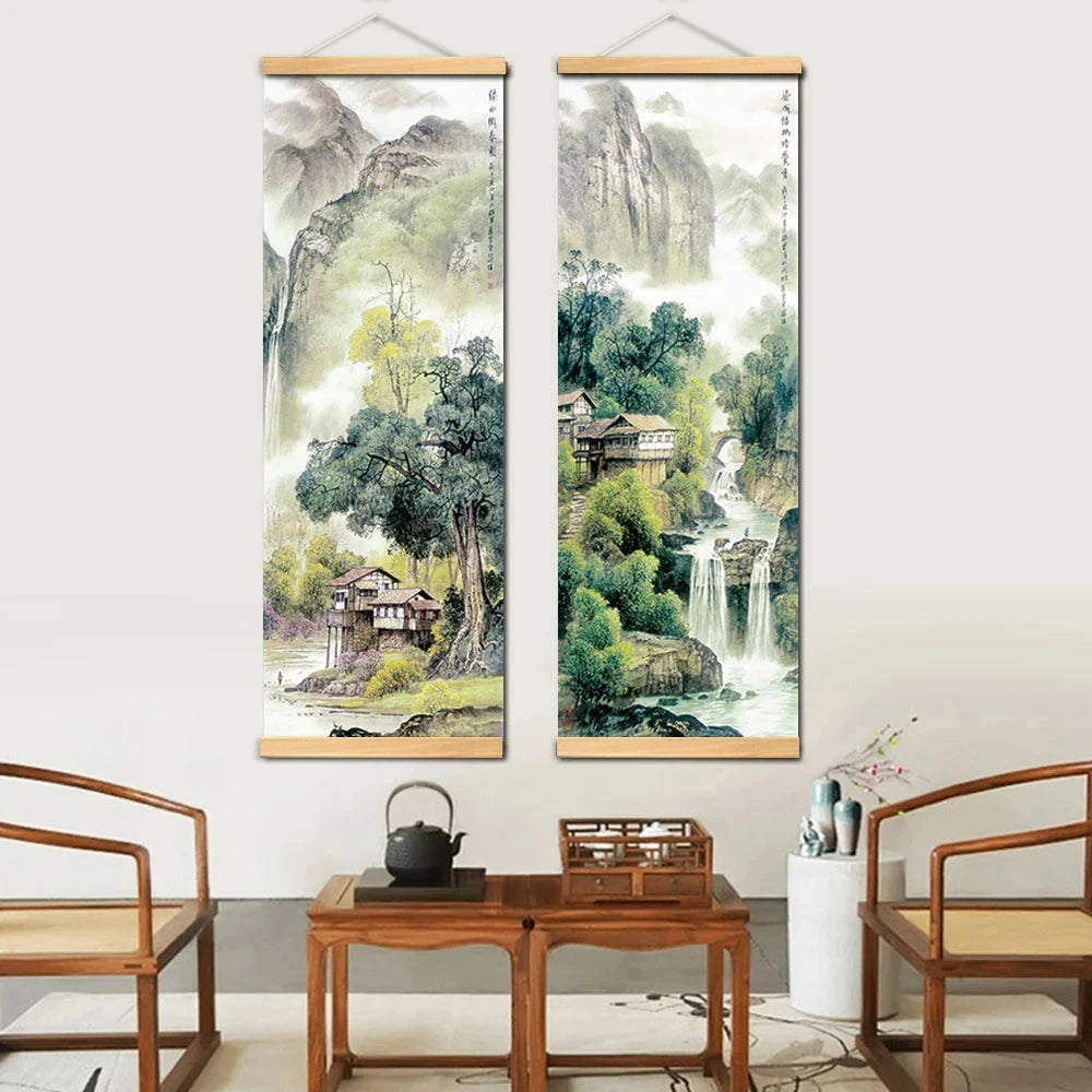 Chinese Traditional Style Four Seasons Landscape Canvas for Living Room Wall Art Poster Solid Wood Scroll Paintings Home Deco