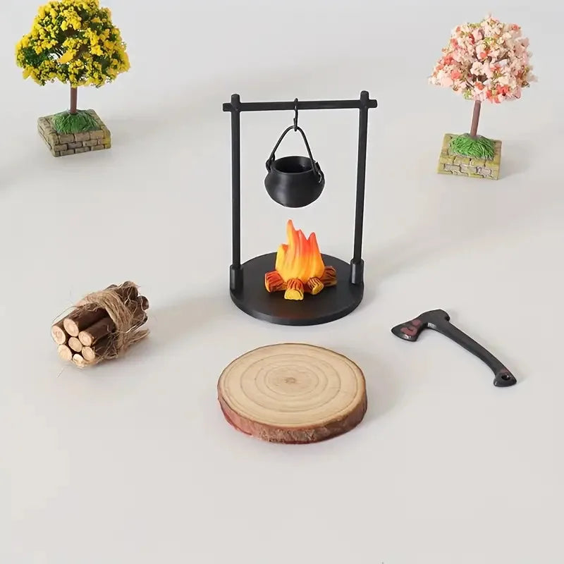 Mini Campfire Hanging Stove Pot Dollhouse Camping Picnic Firewood Pile Sand Table Micro Landscape Scene Decoration Ornament T
