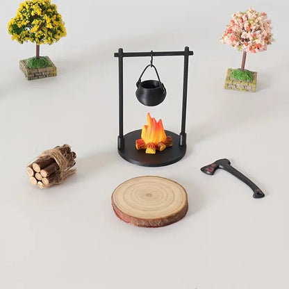 Mini Campfire Hanging Stove Pot Dollhouse Camping Picnic Firewood Pile Sand Table Micro Landscape Scene Decoration Ornament T