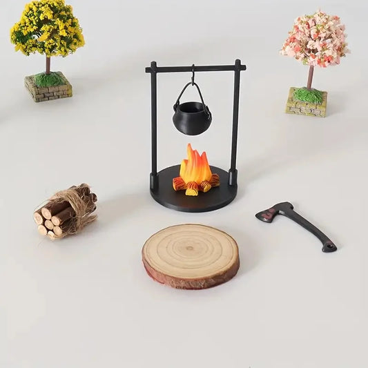 Mini Campfire Hanging Stove Pot Dollhouse Camping Picnic Firewood Pile Sand Table Micro Landscape Scene Decoration Ornament T