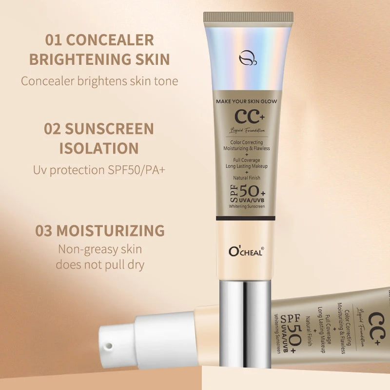 Ocheal 30g CC Cream Foundation Waterproff Concealer Moisturizing Sunscreen Liquid SPF 50+ Long Lasting Brightening Makeup Pri