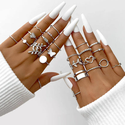 58PCS Vintage Heart Snake Butterfly Rings Set for Women Fashion Metal Gold Plated Geometric Hollow Finger Ring Jewelry Gifts 