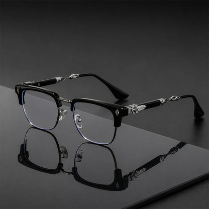 Vintage Cross Carving Glasses Men Women Luxury Half Frame Anti Blue Light Eyeglasses Retro Square Computer Eyewear