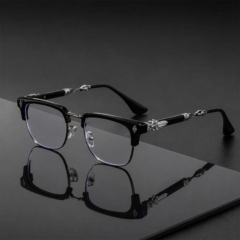 Vintage Cross Carving Glasses Men Women Luxury Half Frame Anti Blue Light Eyeglasses Retro Square Computer Eyewear - Black Si