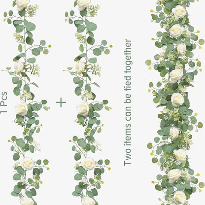 180cm Artificial Eucalyptus Garland with White Flowers for Home Festival Wall Hanging Garden Wedding Backdrop Arch Party Deco