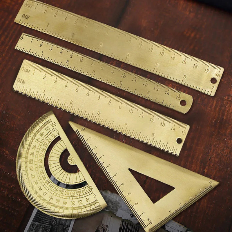 Professional Brass Drafting Set: Triangular Ruler, Protractor, French Curve, Copper Straight Edge Caliper, Vintage Drawing To