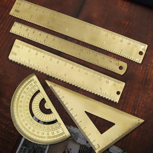 Professional Brass Drafting Set: Triangular Ruler, Protractor, French Curve, Copper Straight Edge Caliper, Vintage Drawing To