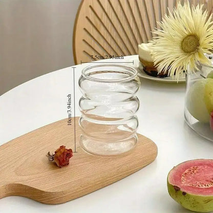 2 High Borosilicate Glass Coffee Cups 350ML/11.8oz with Straw and Brush, Vintage Ripple Design, Transparent Aesthetic Drinkwa
