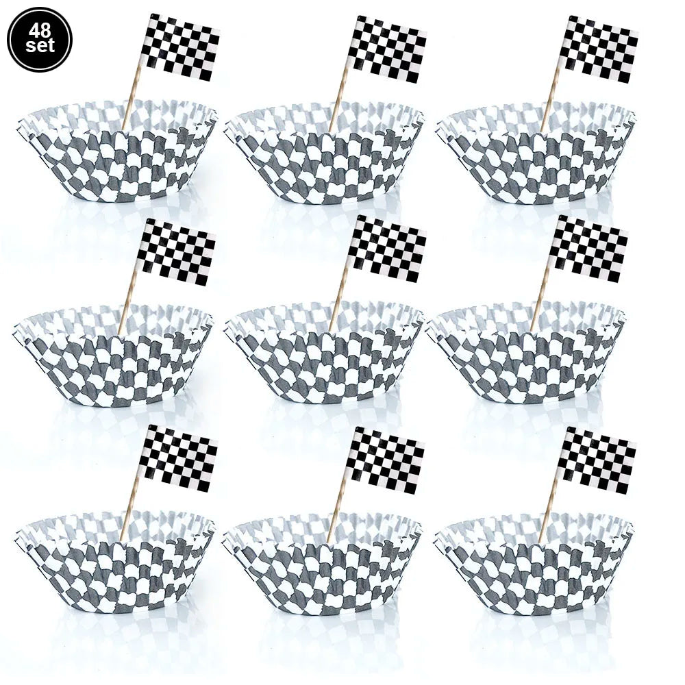 Racing Car Theme 3-Tier Round Cardboard Cupcake Stand Cars Birthday Party Tablecloth Black and White Checkered Decor Supplies